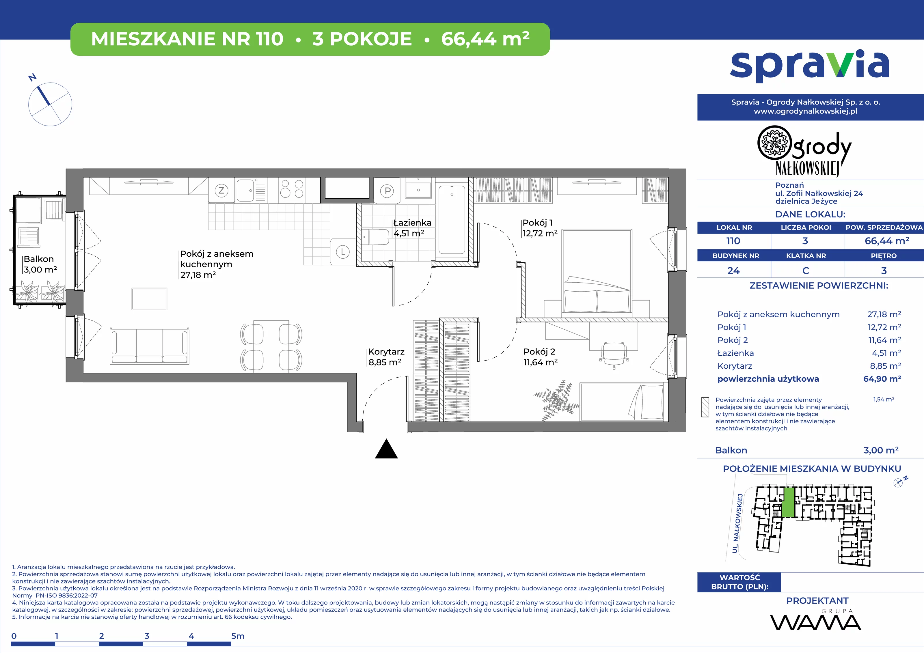 3 pokoje, mieszkanie 66,44 m², piętro 3, oferta nr 24-110, Ogrody Nałkowskiej, Poznań, Ogrody, ul. Nałkowskiej 24, 26